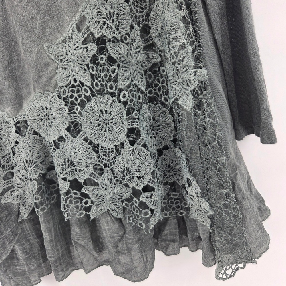 Feratelli Tunic Top XL Green Crochet Lace Ruffle Eclectic Boho Lagenlook Indie - Picture 2 of 6